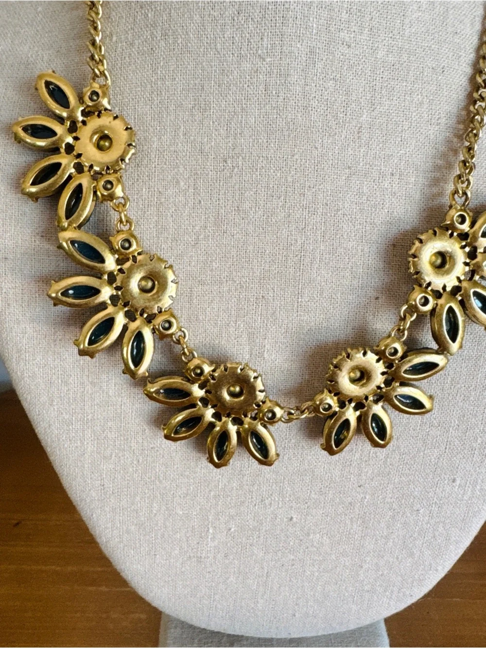 J.Crew Teal Crystal Rhinestone Floral Statement Necklace Gold Tone